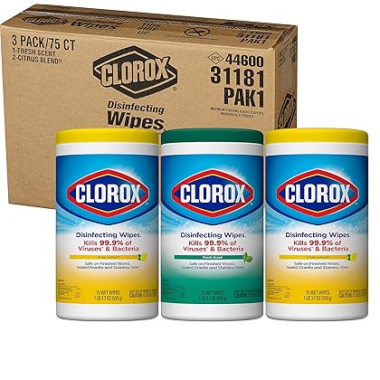 Clorox Disinfecting Wipes, Bleach Free Cleaning Wipes, Multi-surface Wipes, Fresh Scent & Crisp Lemon Value Pack, 75 Wipes (Pack of 3) - Packaging May Vary