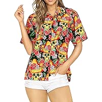 LA LEELA Women's Hawaiian Blouse Dresses Tops Vintage Shirt Button Down Summer Halloween Party Short Sleeve Shirts for Women M Hippie Skulls, Black
