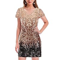 MANER Women's Sequin Glitter Short Sleeve Dress Sexy V Neck Mini Party Club Bodycon Dresses