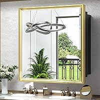 TokeShimi 30x32 Medicine Cabinet Bathroom Vanity Mirror Gold Metal Framed Recessed or Surface Wall Mounted with Aluminum Alloy Beveled Edges Design 1 Door for Modern Farmhouse