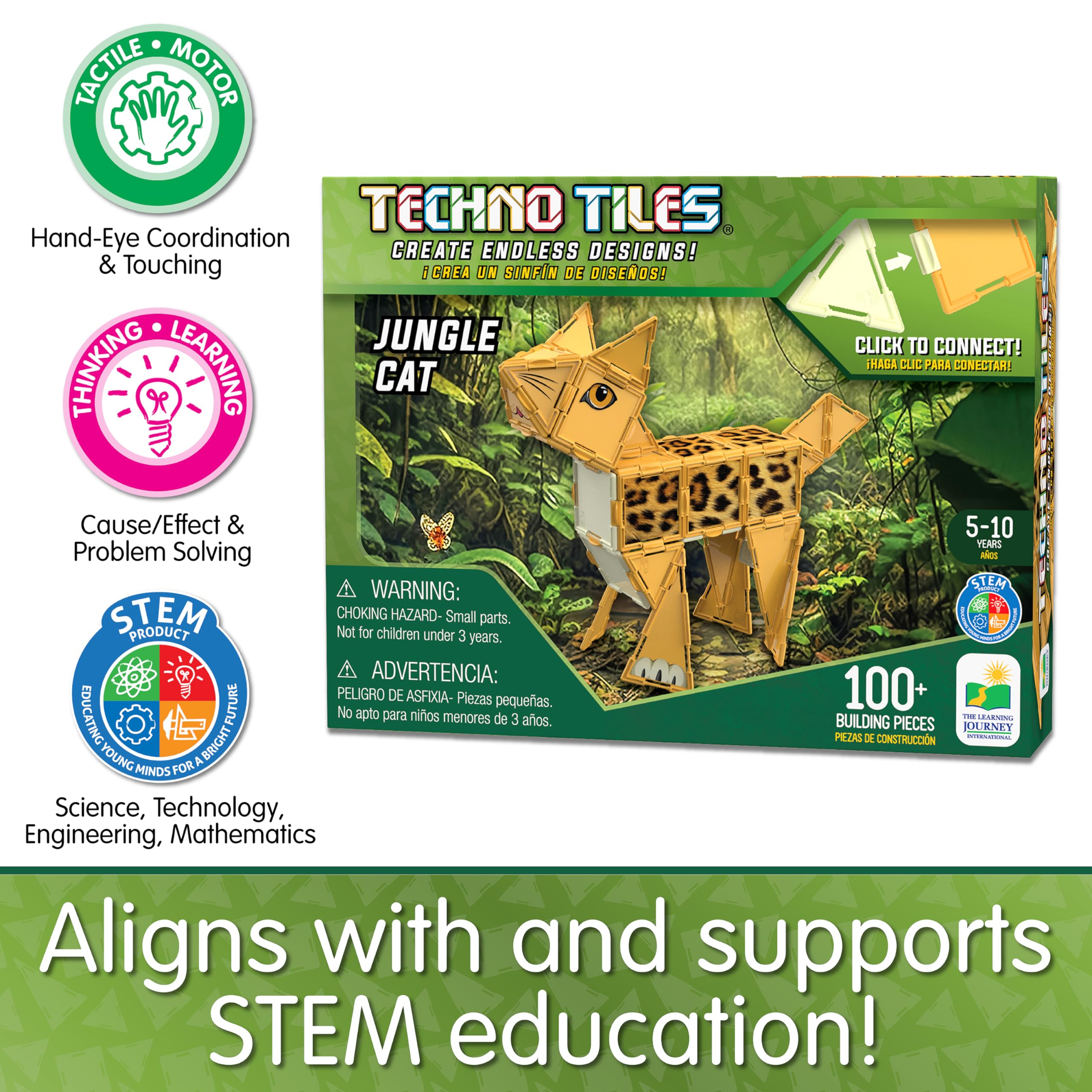 The Learning Journey Techno Tiles - Jungle Cat | Construction Project with 100+ Building Pieces | STEM Projects for Kids Ages 5-10 | Engineering Activity for Girls & Boys