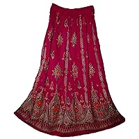Womens Indian Sequin Crinkle Broomstick Gypsy Long Skirt Fuchsia