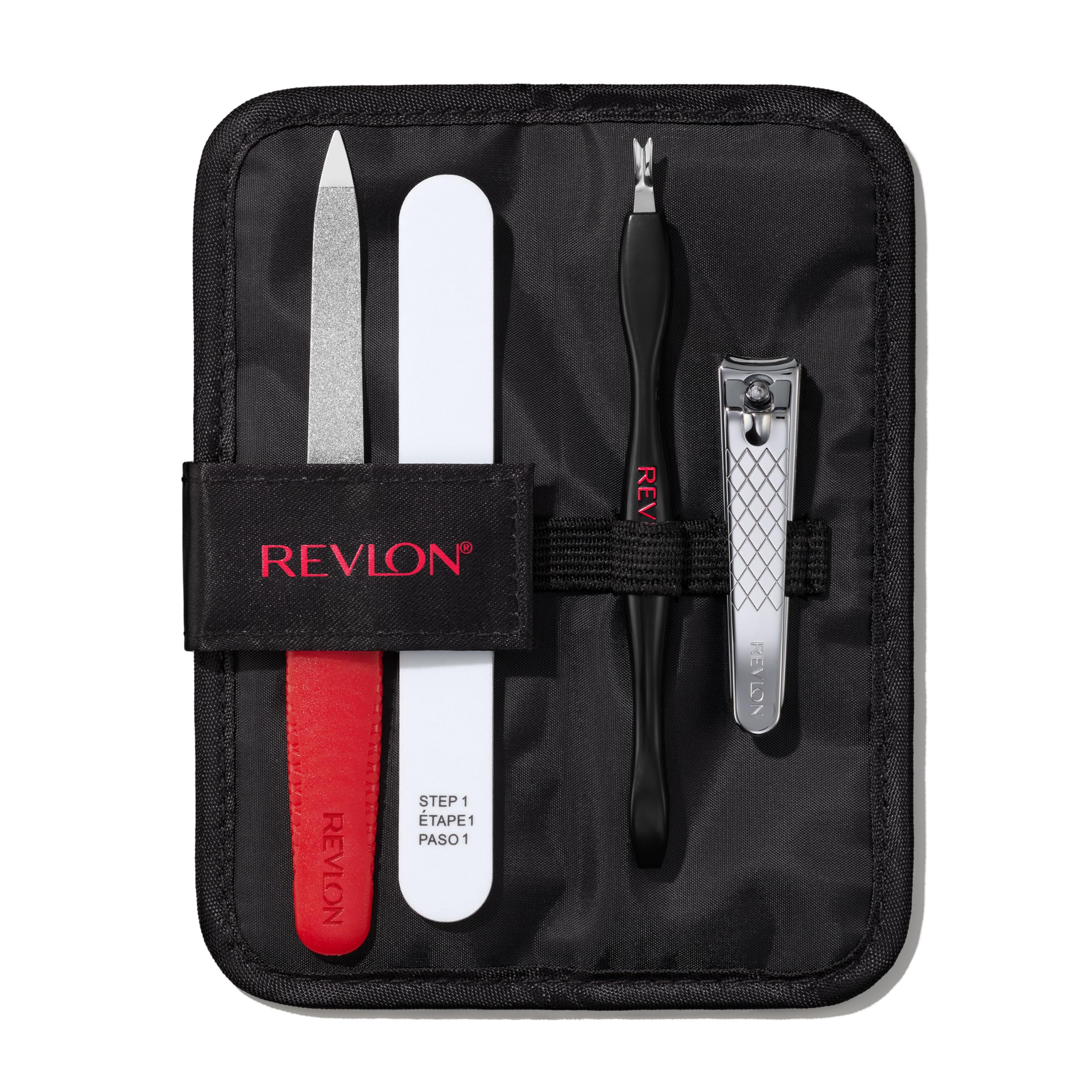 Revlon Manicure Essentials Kit with Travel Case, Manicure Set for Nail Care with Dual Ended Cuticle Trimmer, Curved Blade Nail Clipper, Compact Emeryl File and Nail Buffer, 1 Count