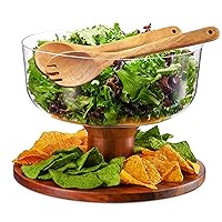 Godinger 2 in1 Salad Bowl and Cake Stand, Salad Bowl Serving Dish and Footed Cake Stand with Dome, Includes Wooden Salad Servers, Acacia Wood and BPA Free Acrylic Lid