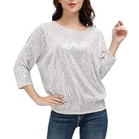 JASAMBAC Women's Sparkle Sequin Tops Shimmer Glitter Loose Cold Shoulder Party Tunic Batwing Dolman Dressy Tops