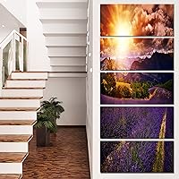 Beautiful Sunset Over Lavender Field-Large Floral Canvas Metal Wall Art, 28 x 60 in-5 Equal Panels