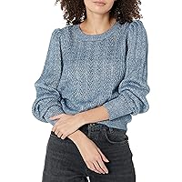 PAIGE Women's Athena Sweater Crew Neck Slightly Cropped Puff Sleeve in Ivory/Silver Metalic