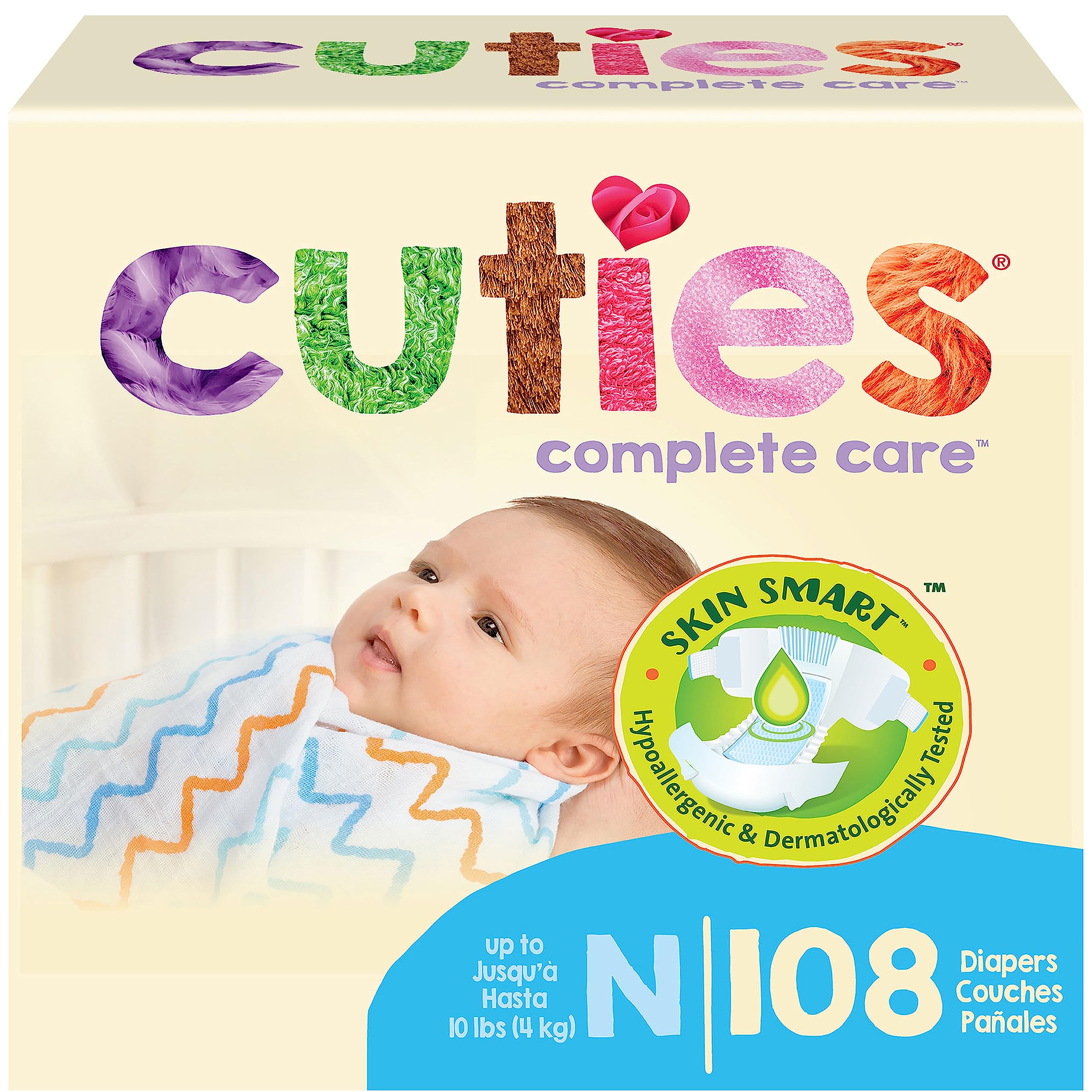 Cuties | Skin Smart, Absorbent & Hypoallergenic Diapers with Flexible & Secure Tabs | Size Newborn | 108 Count