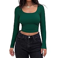 MEROKEETY Women's Long Sleeve Square Neck Crop Top Ribbed Slim Fitted Y2K Casual T-Shirt Tops