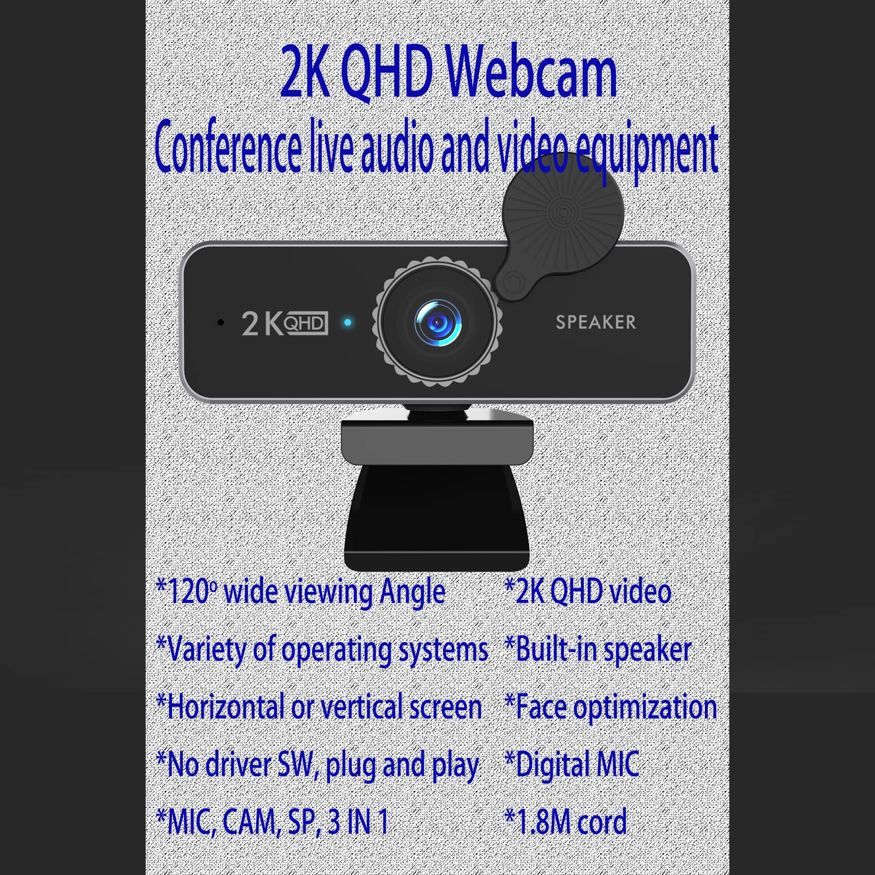 FAzuFlt 2K Webcam, USB Web Camera, Compatible with Zoom/Skype/Teams/Webex, PC Mac Desktop, MIC, Camera, Speaker 3 in 1, Face Optimization…