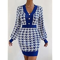 TLULY Sweater Dress for Women Houndstooth Pattern Lantern Sleeve Sweater Dress Sweater Dress for Women (Color : Blue and White, Size : Small)