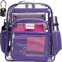 SHYLERO Clear Backpack Heavy Duty has TSA Lock, 2-WAY Zipper. PVC Transparent Backpack Is Extra Large - H18''xW14''xD8 - Purple