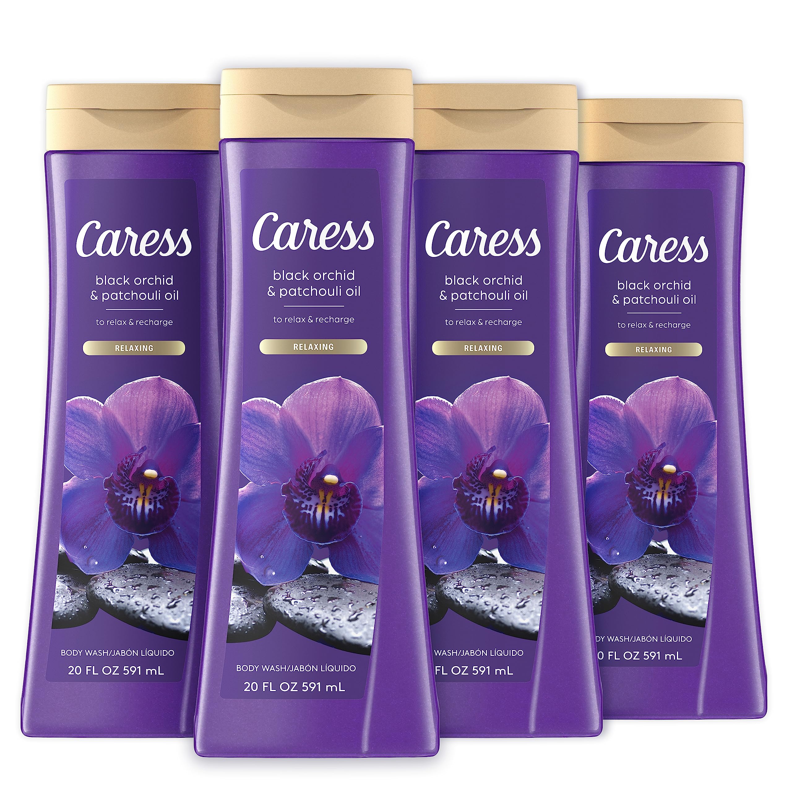 Caress Body Wash Black Orchid & Patchouli Oil To Relax and Recharge Relaxing, Fragrant Body Soap 20 fl oz, Pack of 4