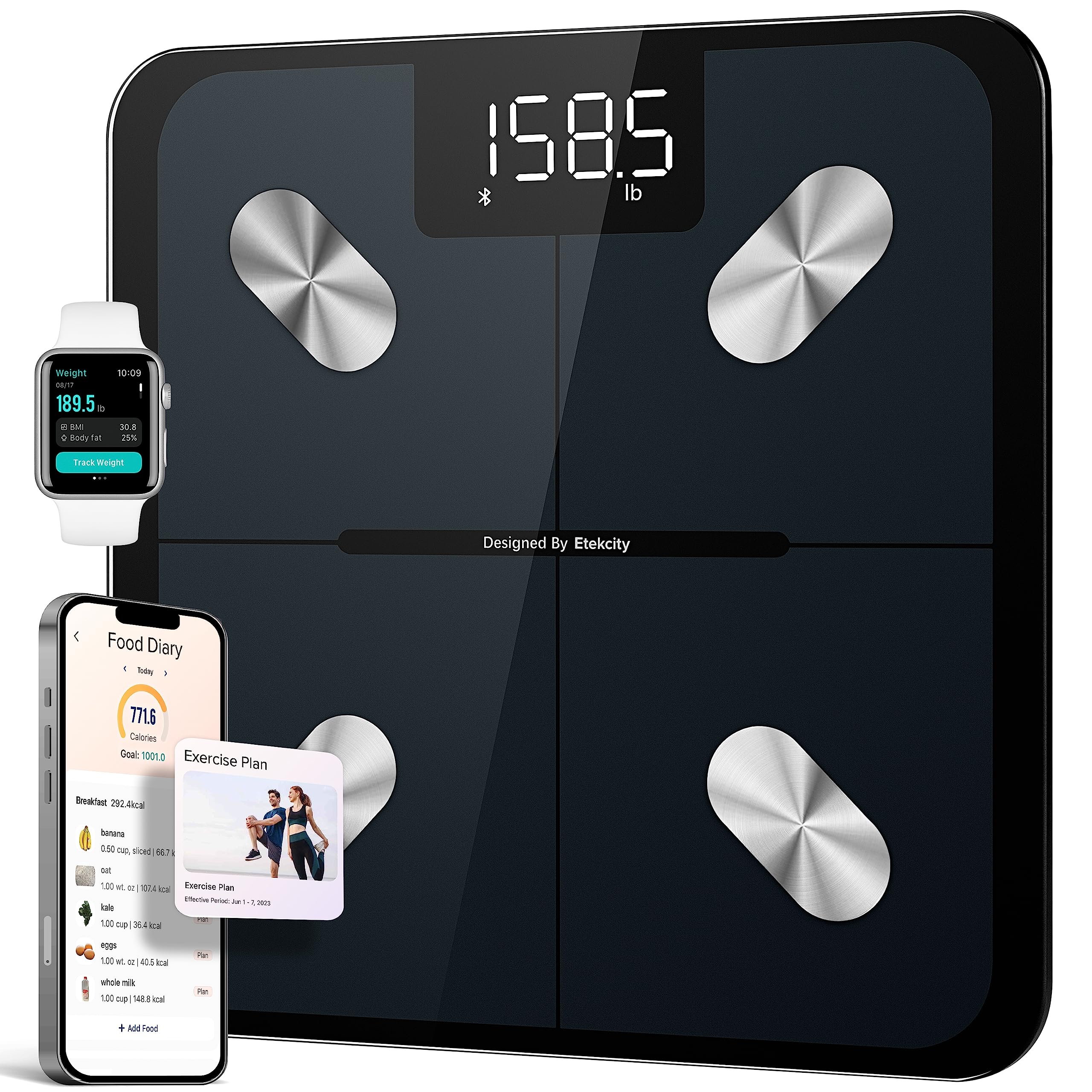 Etekcity Smart Scale for Body Weight, Accurate to 0.05lb (0.02kg) Digital Bathroom Weighing Machine for Fat Water Muscle BMI for People, Bluetooth Electronic Body Composition Monitors, 400lb