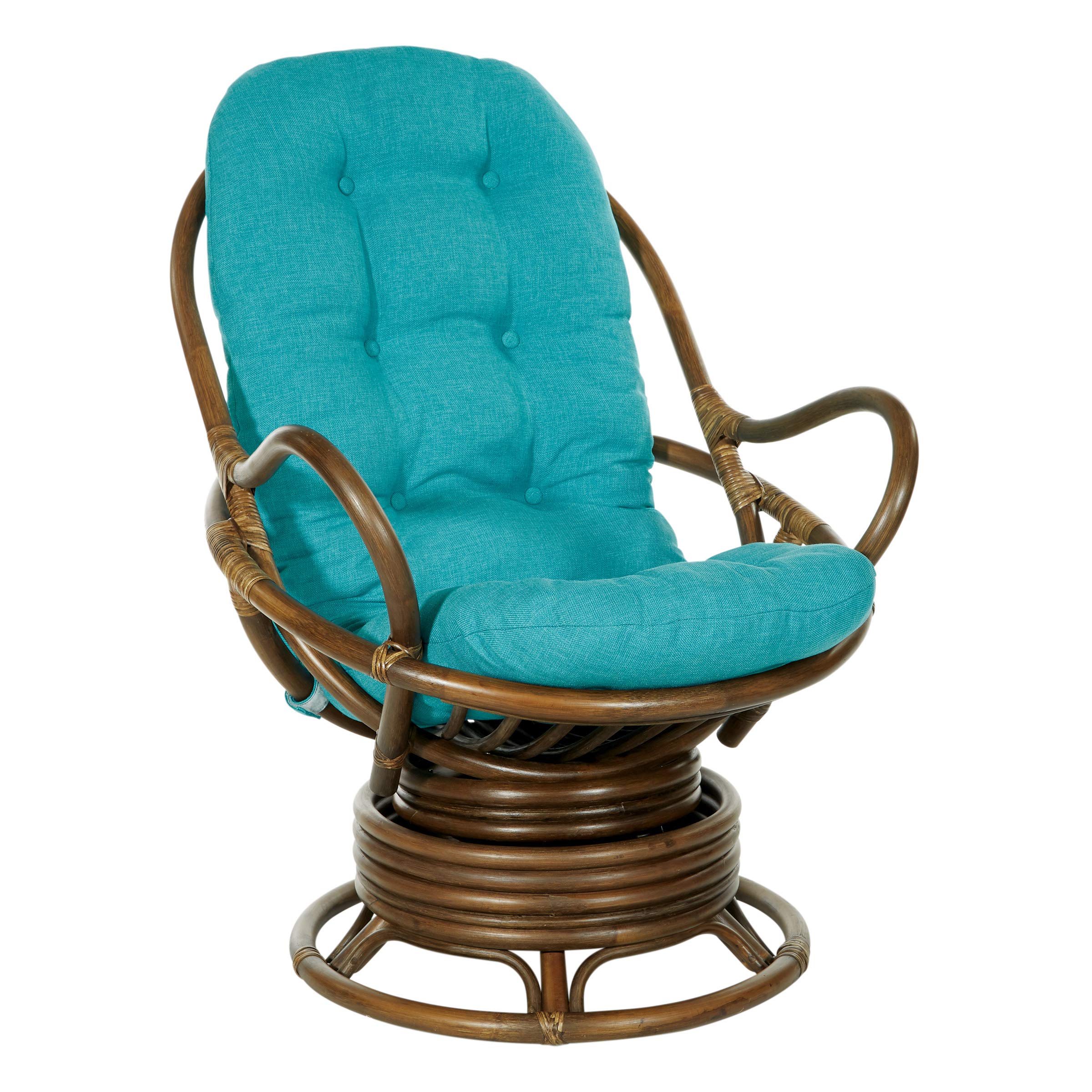 OSP Home Furnishings Kauai Swivel Rocker Chair with Brown Rattan Frame, Blue Fabric