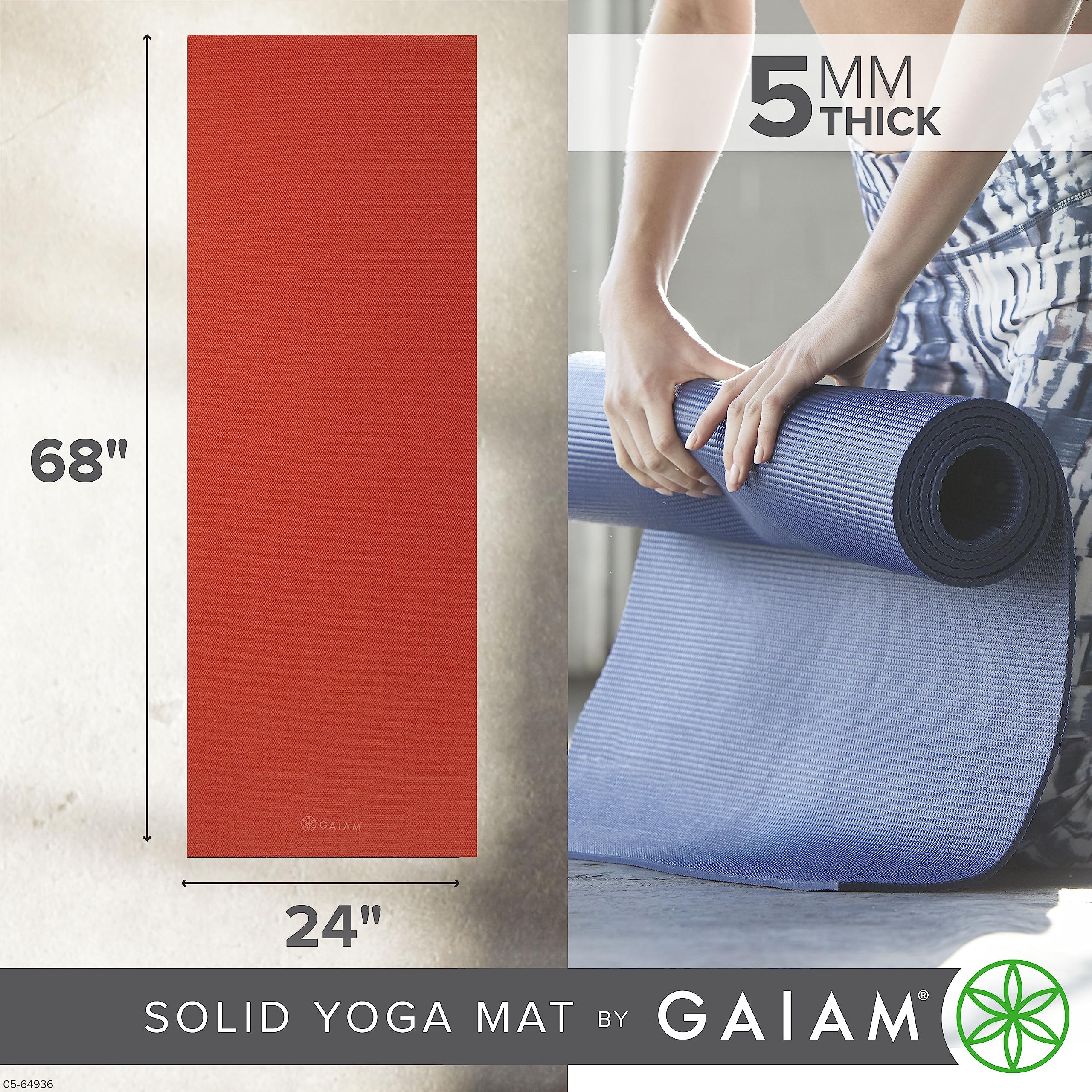 Gaiam Yoga Mat - Premium 5mm Solid Thick Non Slip Exercise & Fitness Mat for All Types of Yoga, Pilates & Floor Workouts (68