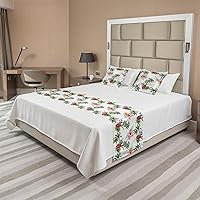 Ambesonne Hawaii Bed Runner Set, Aquarelle Effect Palm Trees Hibiscus Flowers Romantic Summer Bloom, Decorative Bedding Scarf and 2 Pillow Shams for Hotels Homes, Queen, Reseda Green Pale Pink