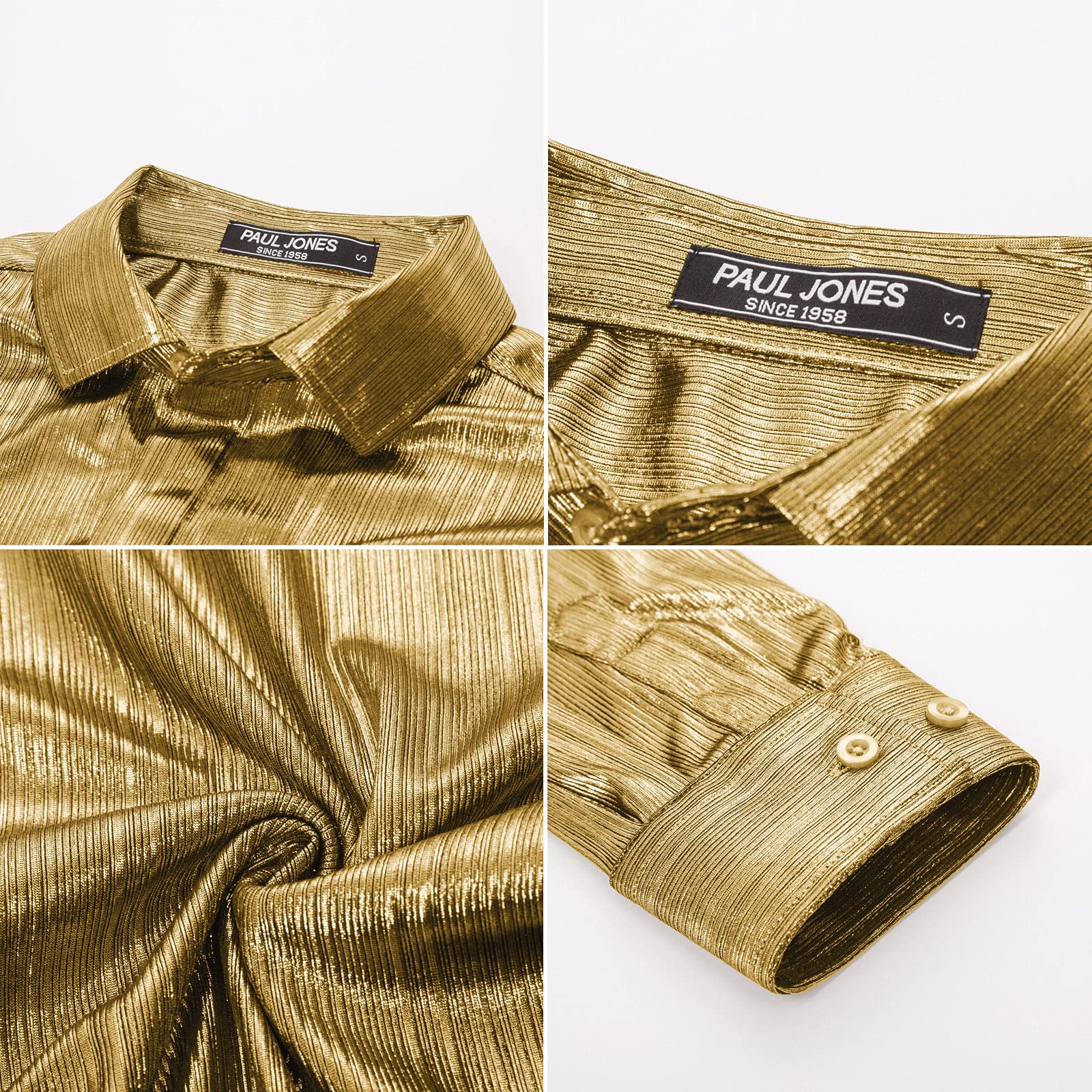 PJ PAUL JONES Mens Metallic Dress Shirts Long Sleeve Button Down 70s Disco Shirt Party Costume
