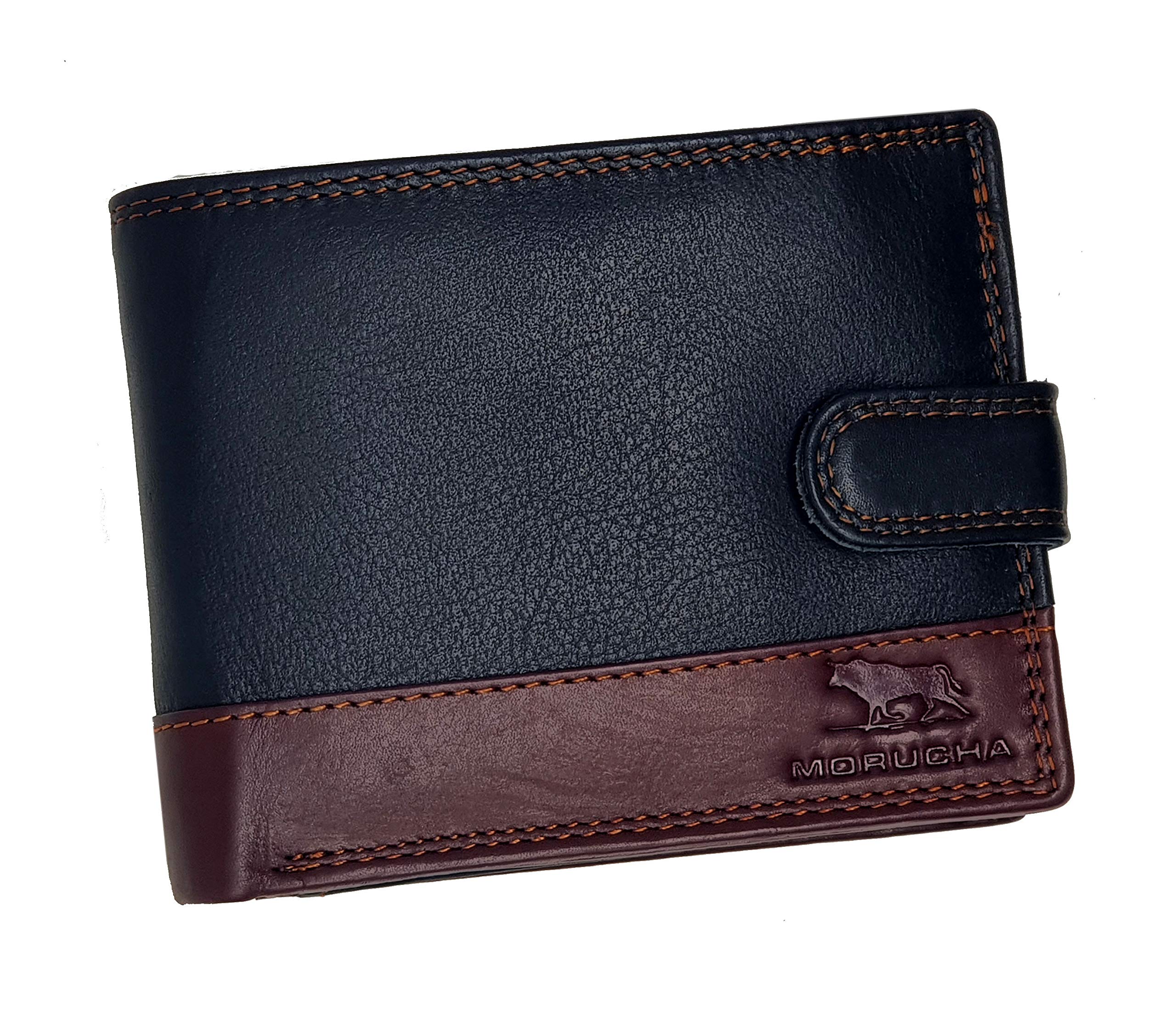 MORUCHA Mens RFID Blocking Real Soft Leather Passcase Wallet with Gift Box M75 BLACK/BROWN