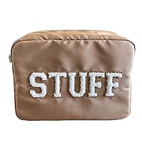 SkyTen Chenille Letter Make Up Bag Nylon Cosmetic Case Stuff Glam Stoney Clover Dupe Travel Organizer (Camel, X-Large)