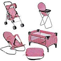 fash n kolor 4 Piece Doll Play Set, Includes - 1 Pack N Play. 2 Doll Stroller 3.Doll High Chair. 4.Infant Seat, Fits Up to 18'' Doll (4 Piece Set)