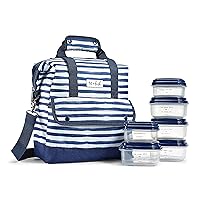 Douglas Adult Insulated Lunch Bag with Front Pouch & Carry Strap, Complete Lunch Kit Includes 6 Containers, Navy, Large