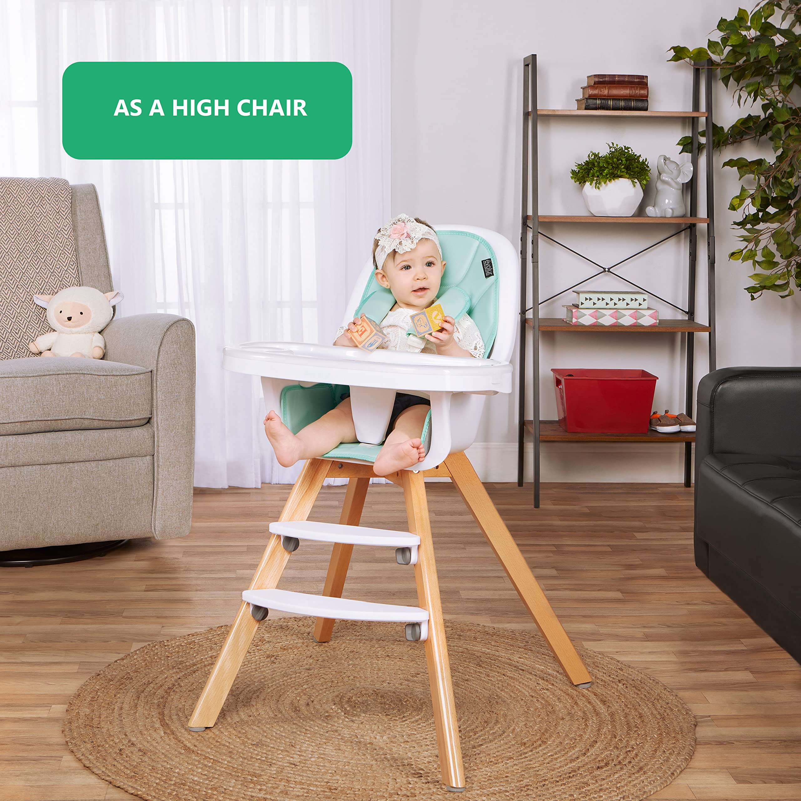 Evolur Zoodle 2 in 1 Baby High Chair in Mint, Easy to Clean, Adjustable and Removable Tray, Compact and Portable Convertible High Chair for Babies and Toddlers