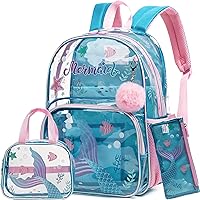 Meetbelify Mermaid Backpack for Girls Backpack with Lunch Box Set for Elementary Kindergarten Student Kids Clear School Bag for Girls