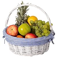 Traditional White Round Willow Gift Basket with Blue and White Gingham Liner and Sturdy Foldable Handles, Food Snacks Storage Basket, Medium
