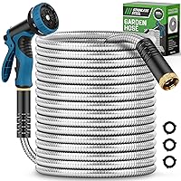 Garden Hose 100FT, Water Hose with 10 Function Nozzle, Metal Garden Hose with Leak-proof Connectors, Kink Free, Lightweight, Puncture-proof, Pet-proof, Sturdy, 550PSI, Hose for Outdoor, RV