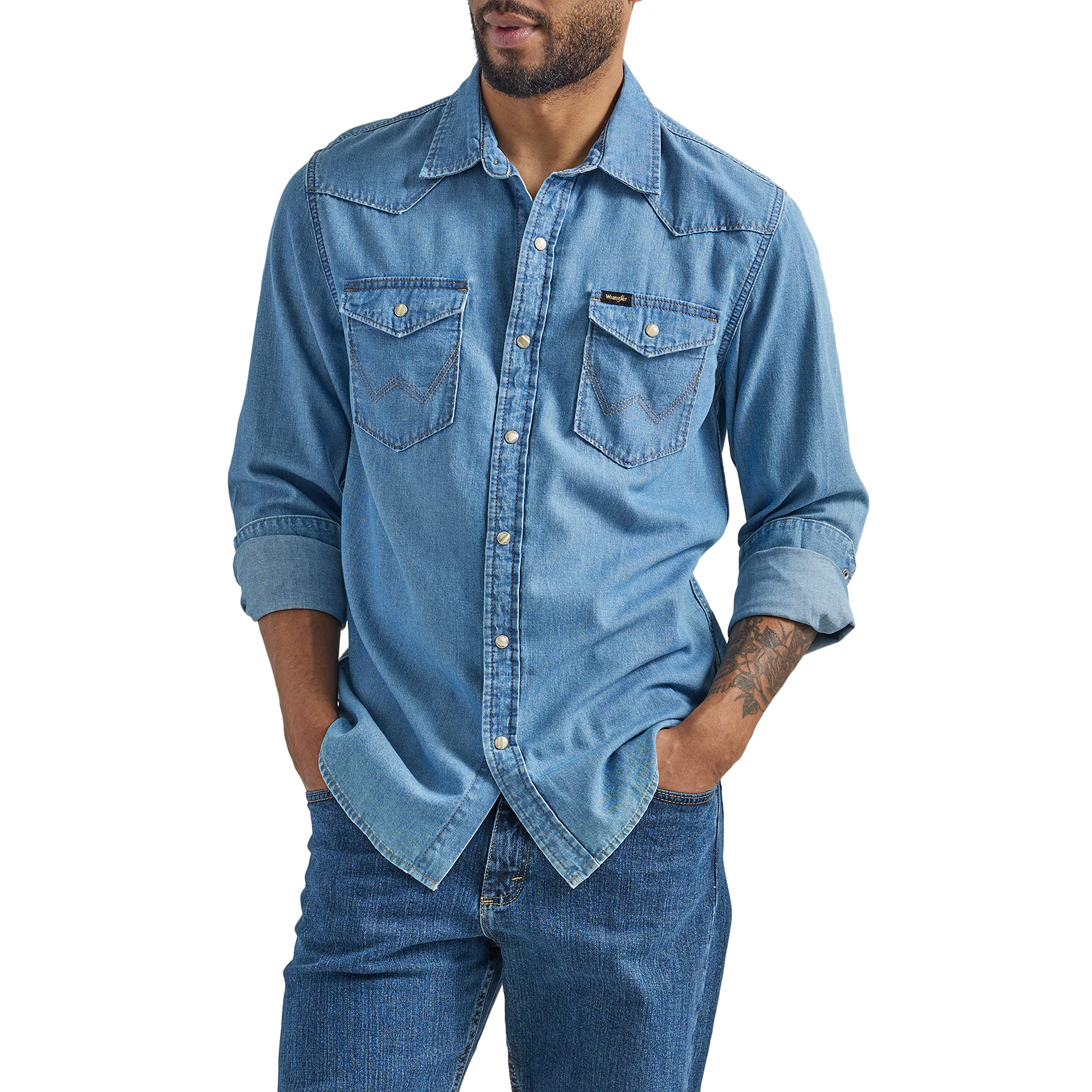 Wrangler Men's Iconic Denim Regular Fit Snap Shirt