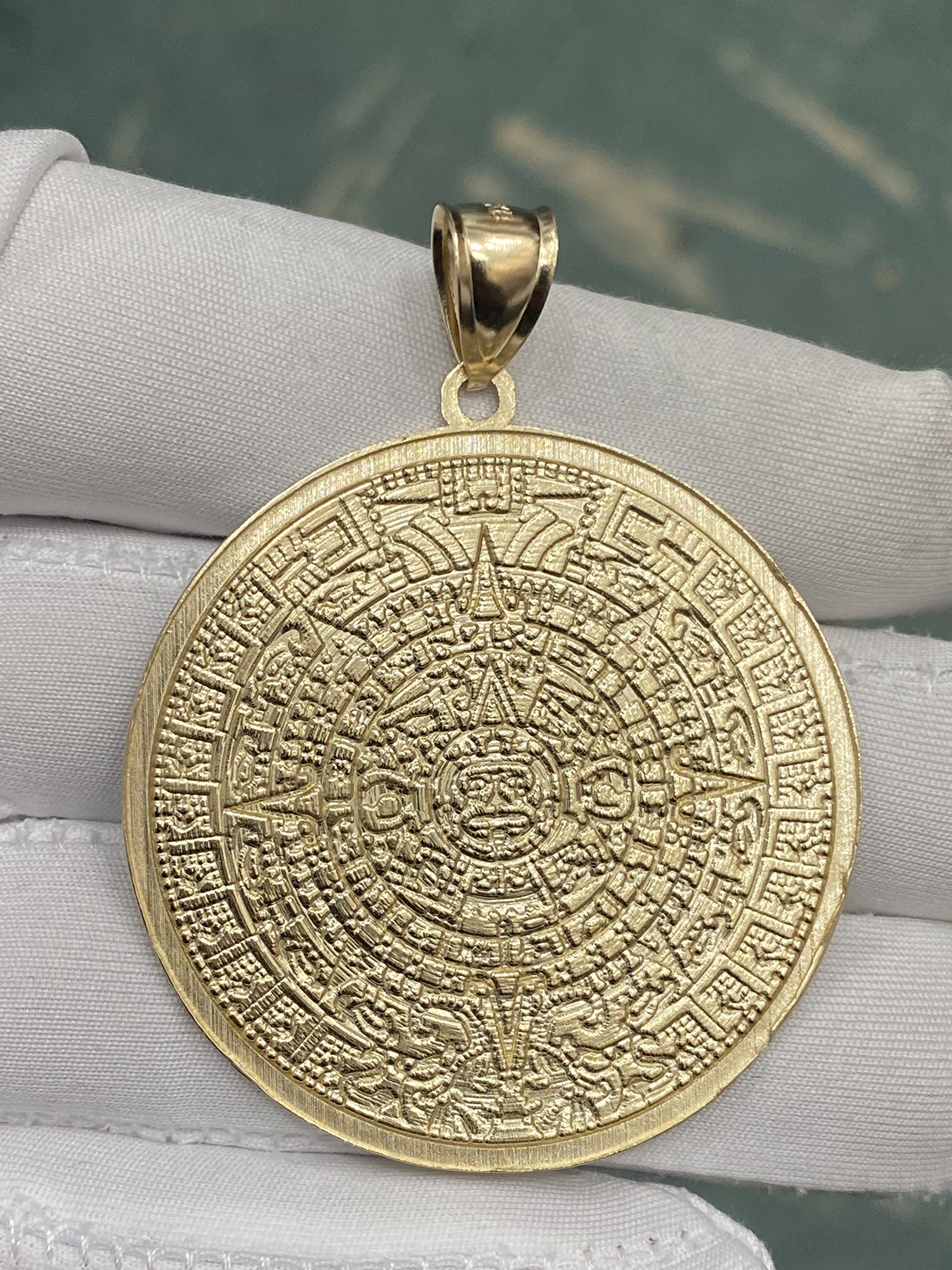 TGDJ 14K Yellow Gold Aztec Mayan Calendar Charm Pendant, 45x45 mm Diamond-Cut Ornate, Handmade Spiritual Symbol, Gold Stamped Fine Jewelry, Great Gift for Men & Women (45mm)