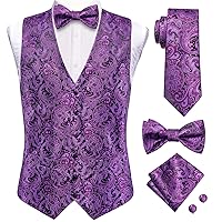 Hi-Tie Mens 5PCS Suit Vest Tie and Pre/Self Bowtie Set Silk Waistcoat Necktie Pocket Square Cufflinks Gifts Wedding Formal