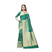 Women's Banarasi Cotton Silk Woven Saree with Blouse Piece, Indian Ethnic Wear - Teal Green
