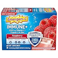 Immune+ Triple Action Immune Support Powder, BetaVia (R), 1000mg Vitamin C, B Vitamins, Vitamin D and Antioxidants, Raspberry – 30 Count
