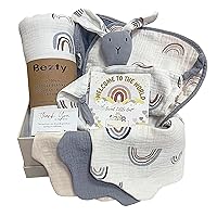 Baby Gift Set for Newborn for Boys-9 PCS Unique Baby Essential Stuff-New Baby Gift Basket, Baby Welcome Box Boys; Swaddle Blanket, 2 Burp Cloth, 3 Bibs, Lovey Bunny, Gift Card, Gift Box