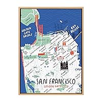 Kate and Laurel Sylvie San Francisco Illustration Framed Canvas Wall Art by Stacie Bloomfield of Gingiber, 23x33 Natural, Beautiful Cityscape Wall Decor