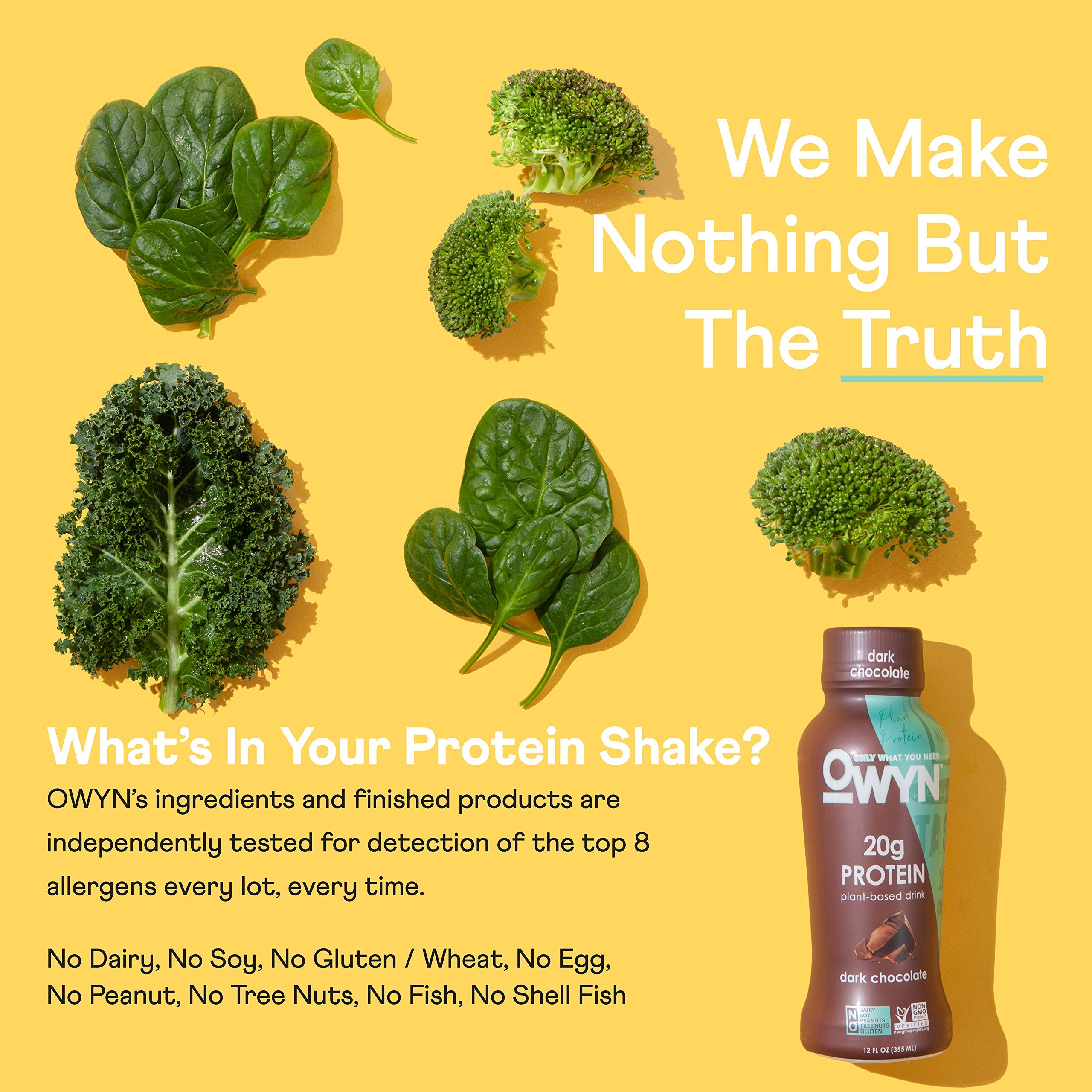 OWYN Plant Based Protein Shake, Dark Chocolate, with 20g Vegan Protein from Organic Pumpkin seed, Flax, Pea Blend, Omega-3, Prebiotic supplements and Superfoods Greens Blend for an all-in-one nutritional shake, Gluten and Soy-Free, Non-GMO (12 Pack)