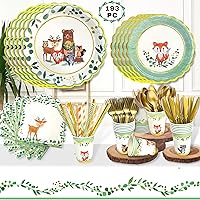 193 PC Woodland Baby Shower Decorations for Boy Disposable Tableware Set - Serves 24 - Woodland Baby Shower Plates, Cutlery, Cups, Napkins, Tablecloth, Straws - Woodland Theme Party Supplies