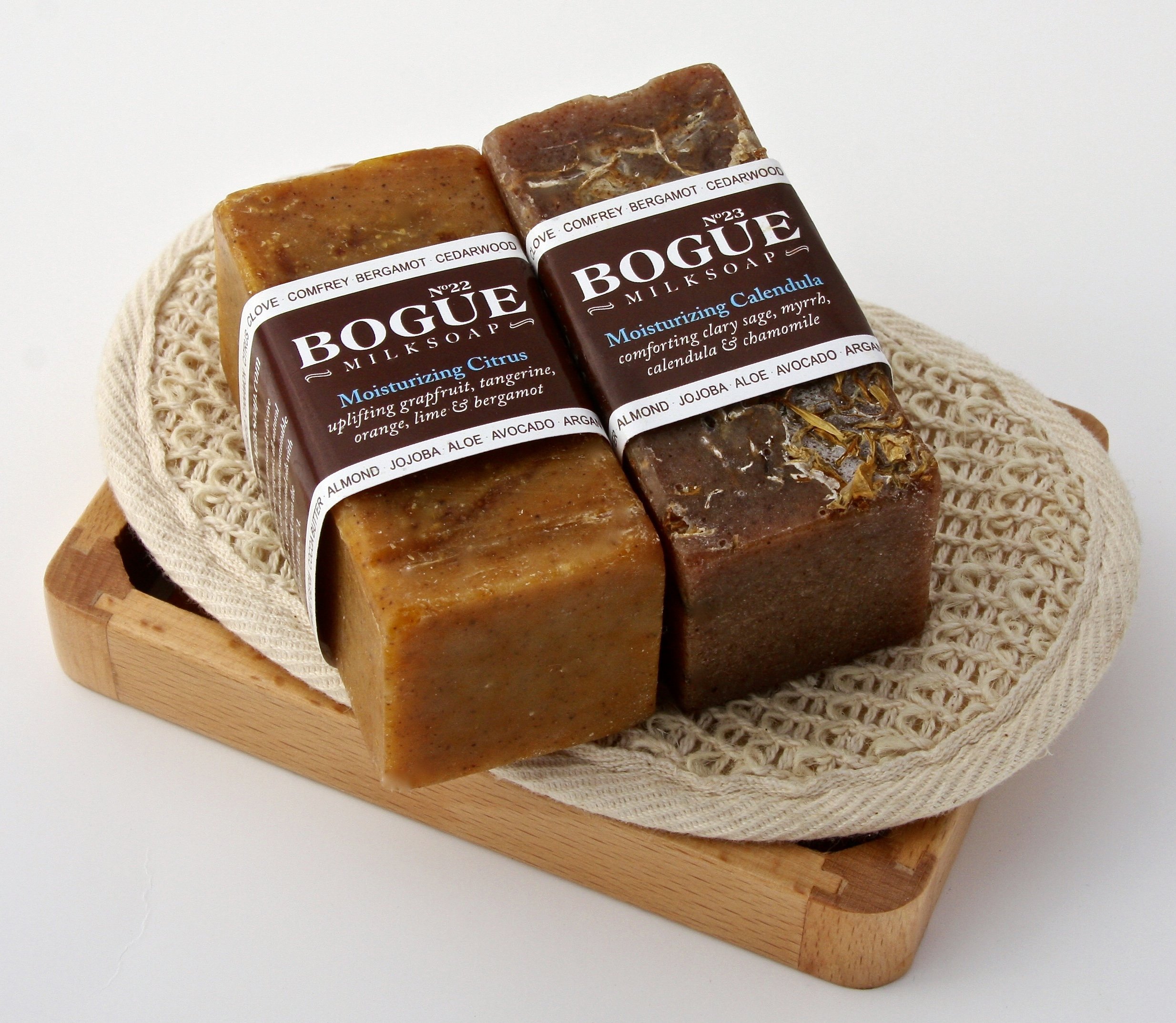Bogue Milk Soap - Moisturizing Soap Gift Set -No.22 Uplifting 5 Citrus with Healing Parsley & No.23 Both with Infused Calendula & Chamomile Oils with Large Body Loafa & Tray