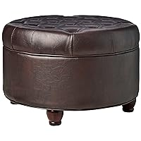 Homepop Home Decor | Large Button Tufted Faux Leather Round Storage Ottoman | Ottoman with Storage for Living Room & Bedroom (Distressed Brown)