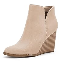 LAICIGO Womens V Cut Wedge Ankle Booties Zip-up Closed Toe Stacked Heel Faux Suede Winter Boots