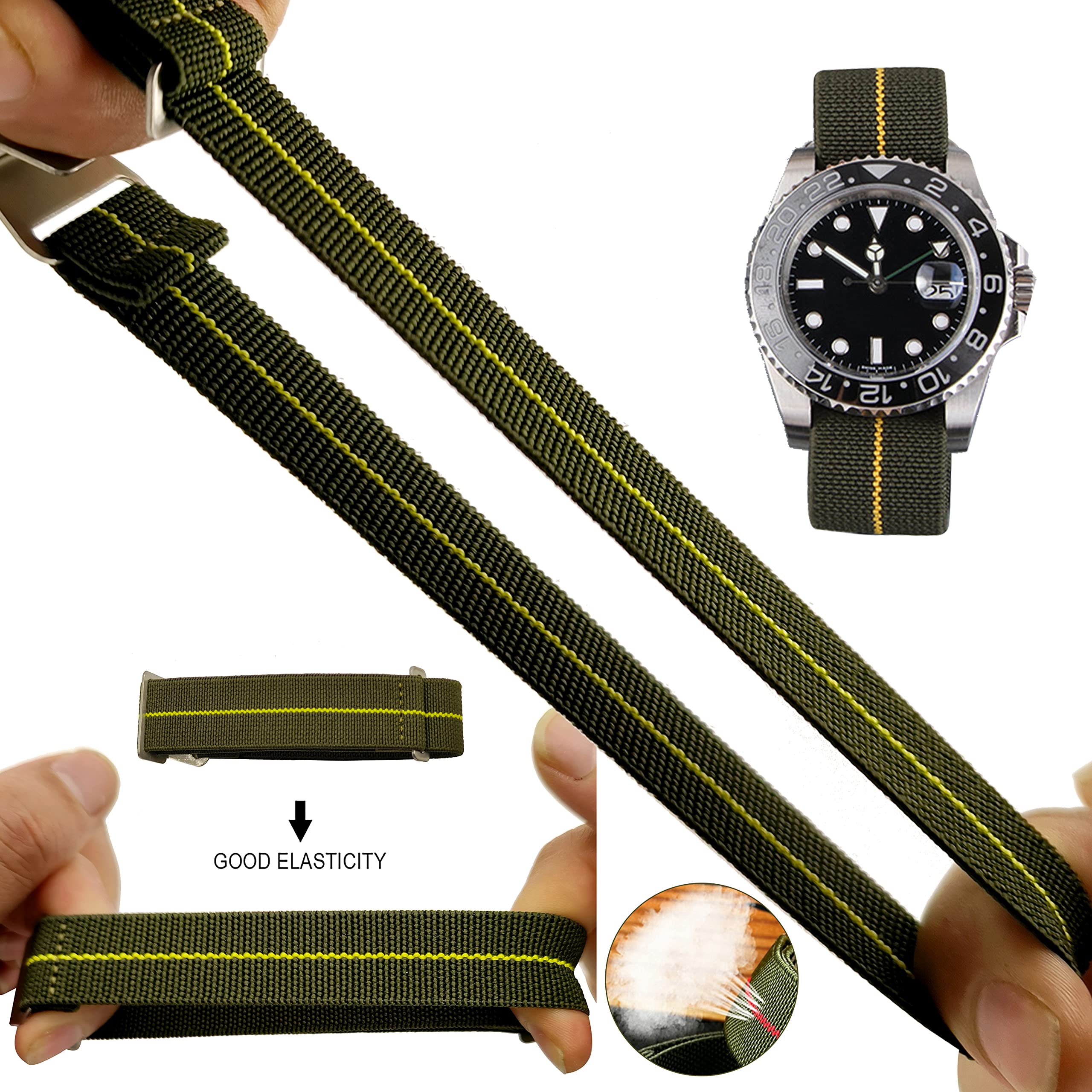 Nice Pies 60's French Troops Military Parachute Watch band Elastic Fabric Nylon Watch Strap Silver Buckle 20mm 22mm（22mm, Green Yellow）