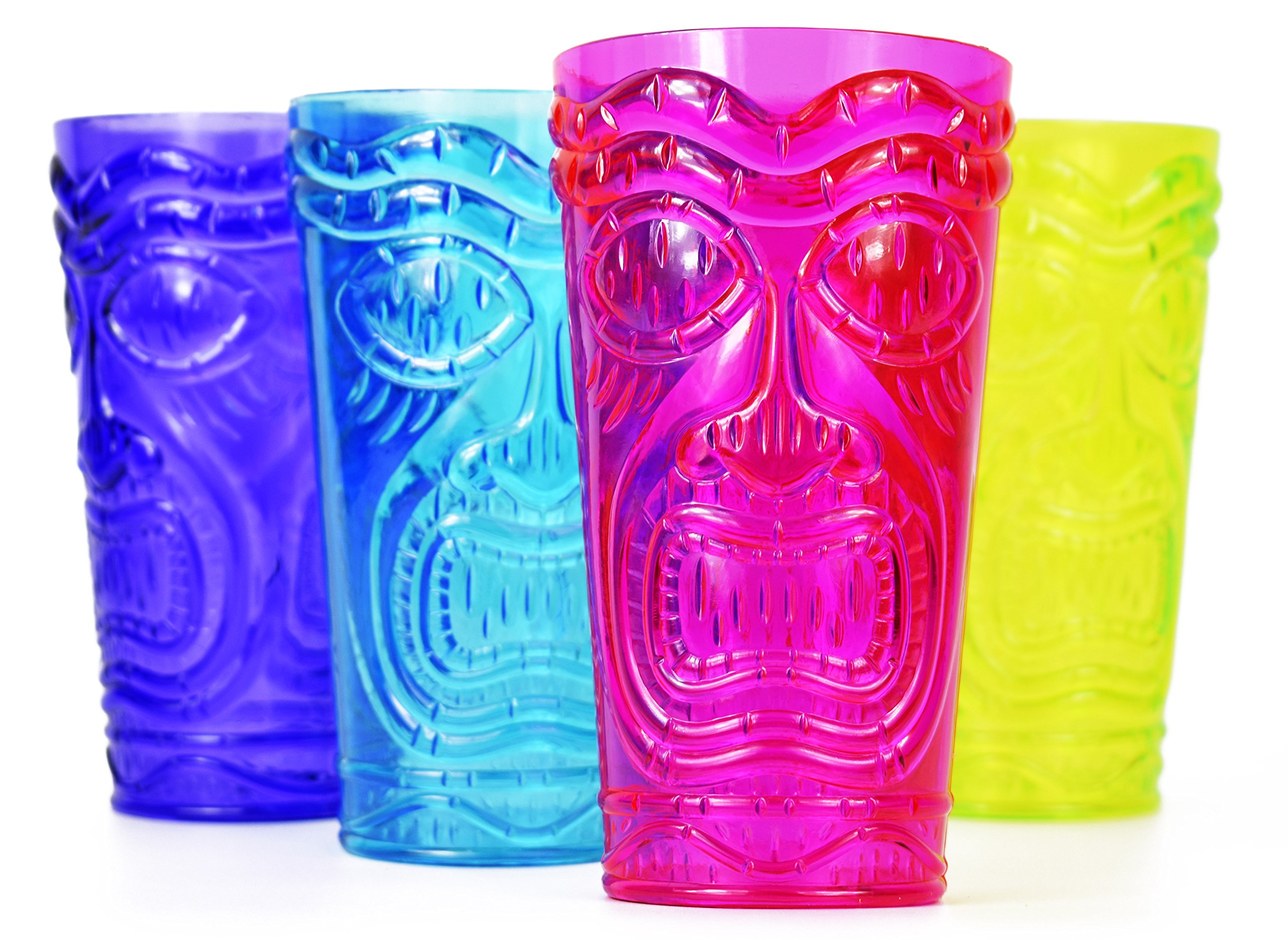 Set of 24 Party Tiki Cups! BPA Free 18 Ounce Tumbler Drinkware Set Luau Shape! 4 Bright Colors! Tiki Mugs! Reusable Plastic Party Cups!
