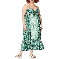 Angie Women's Plus Size Printed Spaghetti Strap Maxi Dress with Bow