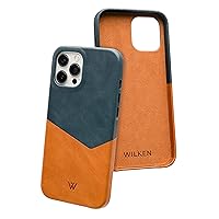 Wilken iPhone Leather Wrapped Case | Compatible with MagSafe and Wireless Charging | Top Grain Leather | Lip Screen Protection | Custom Metal Button Controls (Tan/Blue, 13 Pro Max)