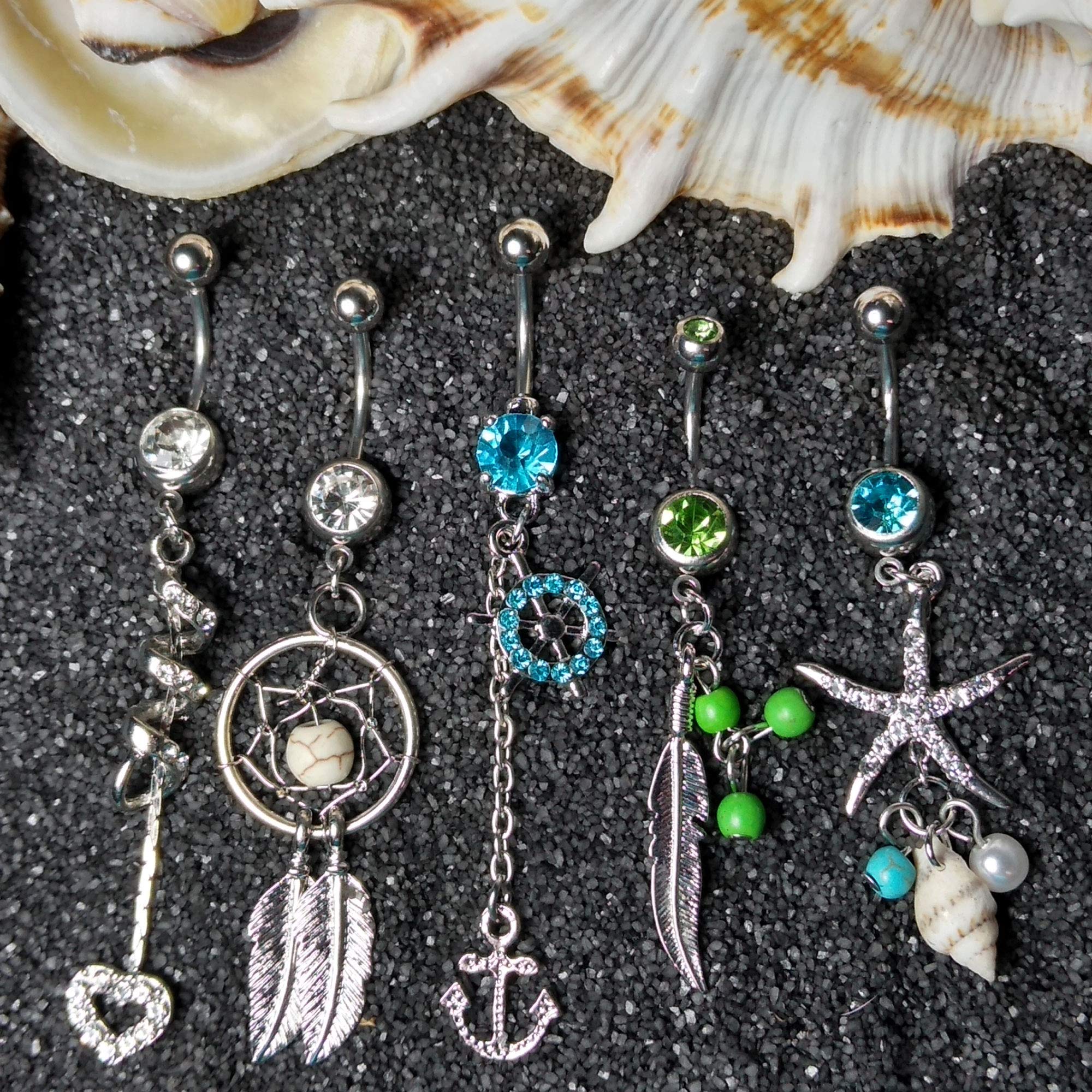 BodyJ4You Belly Button Rings Flower Seashell Nautical Anchor Curved Banana Bar 14G Dangle Stainless Steel Barbell CZ Multicolor Crystal Girl Women Teen Gift Jewelry