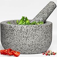 Heavy Duty Extra Large Mortar and Pestle Set, Hand Carved from Natural Granite, Make Fresh Guacamole, Salsa, Pesto, Stone Grinder Bowl, Herb Crusher, Spice Grinder, 4 Cup, Grey