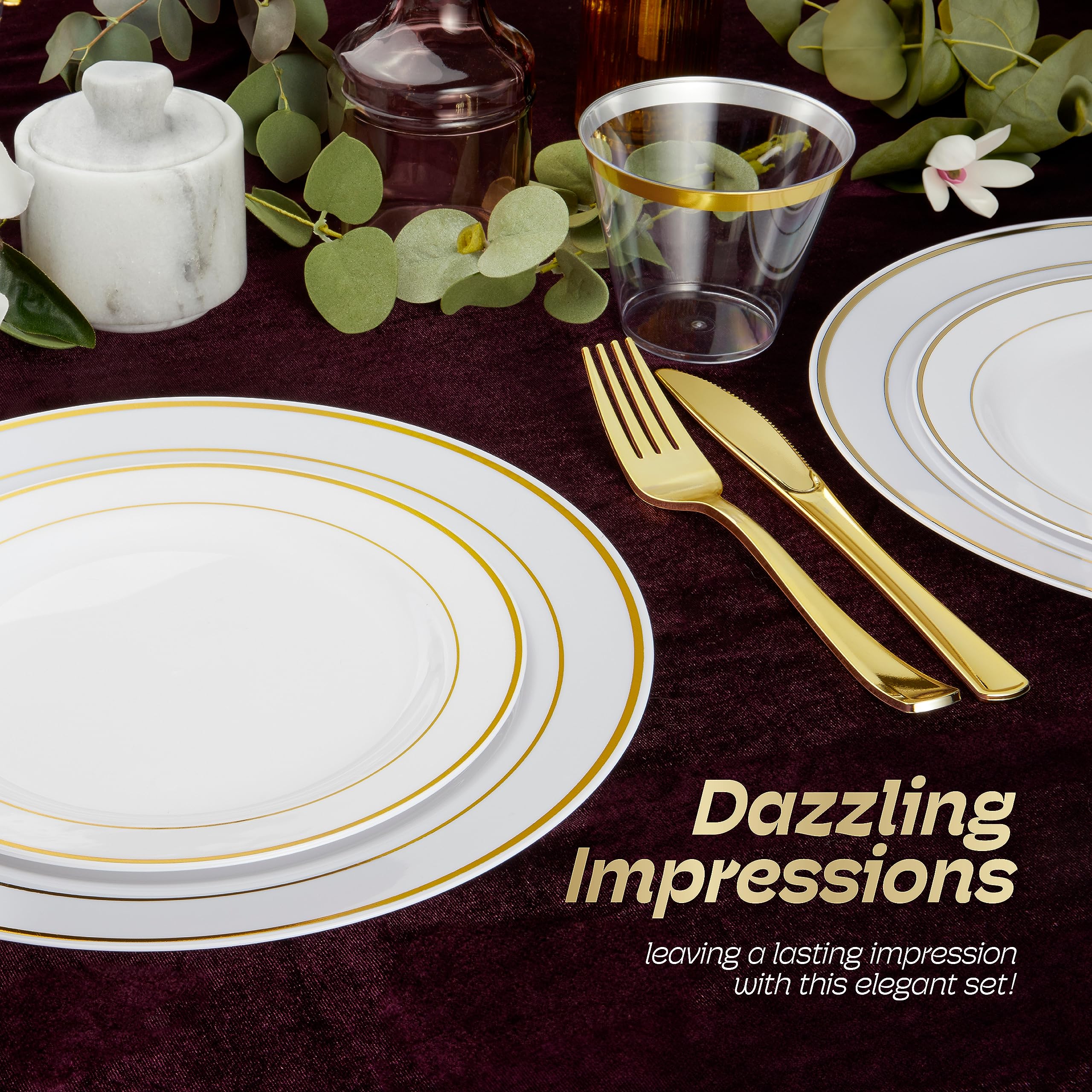 600pcs Plastic Dinnerware Set 100 Guest, Gold Plastic plates for party, Gold Party Plates Sets For 100 Guests, Premium Wedding Plates Disposable Set 100 Guests Includes Plates, Cups, And Cutlery.