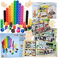 Linking Cubes 100 Pcs Set and 4-in-1 Emergency Vehicle Jigsaw Wooden 48 Pcs Puzzle Building Bundle